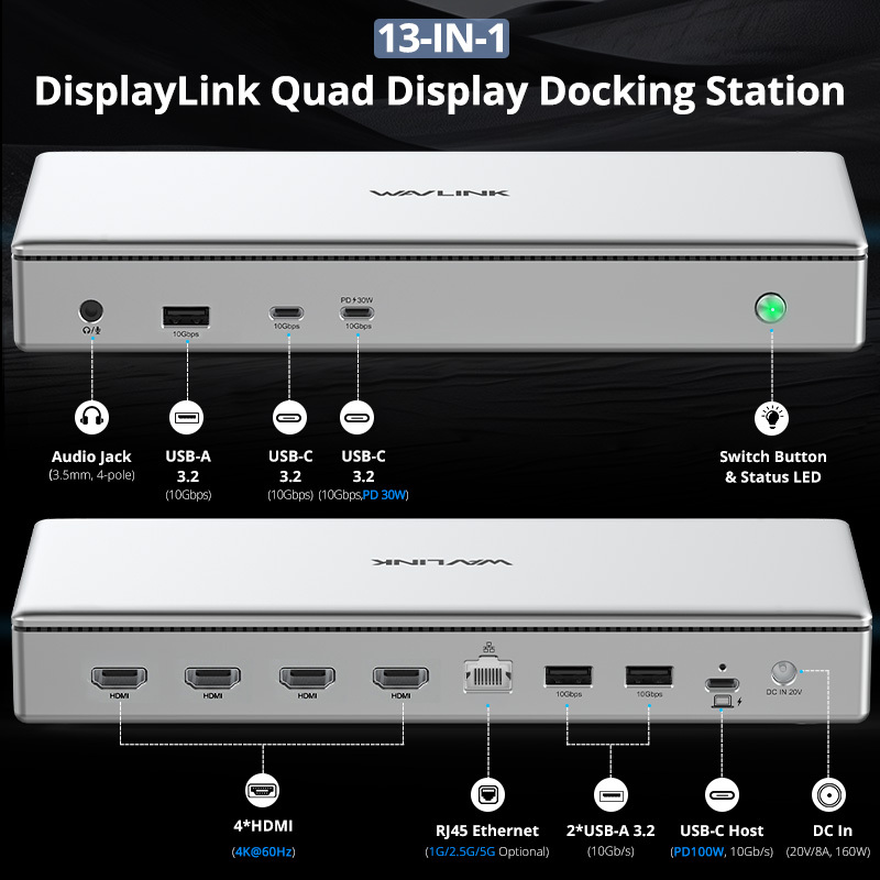 WAVLINK USB-C DisplayLink Premium Docking Station, 4xHDMI2.0, Quad 4K@60Hz for M1-M5 Mac & Windows, 13 in 1 Laptop Dock with 100W Charging, Optional 1G/2.5G/5G LAN, USB 3.2-A/C, USB-C(PD 30W) 2