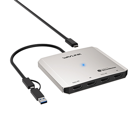 WAVLINK Quad Display Adapter with SM768 Chip – 2 x 4K@30Hz & 2 x 1080P@60Hz HDMI Outputs, Universal USB-C/A Docking for Multi-Monitor Workstations, 5Gbps Data Transfer Speed, Compatible with Intel/M1/M2/M3/M4 Mac&Windows