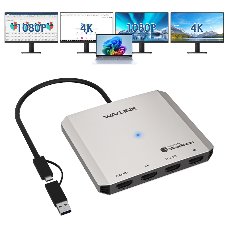 WAVLINK Quad Display Adapter with SM768 Chip – 2 x 4K@30Hz & 2 x 1080P@60Hz HDMI Outputs, Universal USB-C/A Docking for Multi-Monitor Workstations, 5Gbps Data Transfer Speed, Compatible with Intel/M1/M2/M3/M4 Mac&Windows