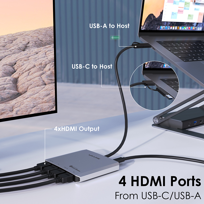 WAVLINK Quad Display Adapter with SM768 Chip – 2 x 4K@30Hz & 2 x 1080P@60Hz HDMI Outputs, Universal USB-C/A Docking for Multi-Monitor Workstations, 5Gbps Data Transfer Speed, Compatible with Intel/M1/M2/M3/M4 Mac&Windows 5