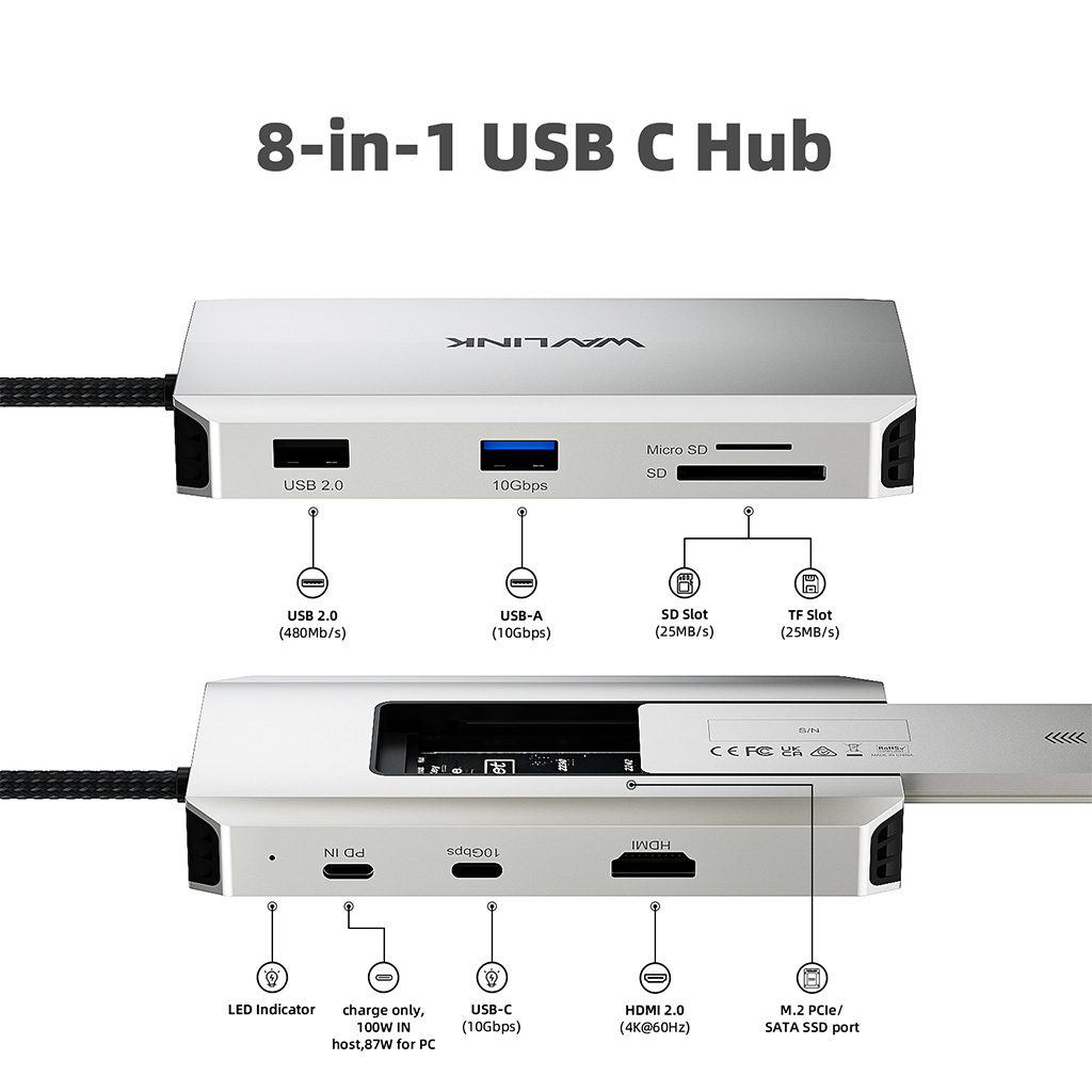 USB-C 4K Dock, 10Gbps Hub with M.2 SSD Enclosure, 87W Charging, 4K@60Hz HDMI, USB 3.2, SD/TF 2