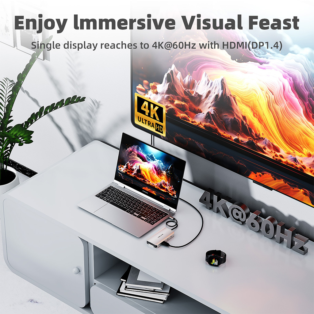 USB-C 4K Dock, 10Gbps Hub with M.2 SSD Enclosure, 87W Charging, 4K@60Hz HDMI, USB 3.2, SD/TF 3