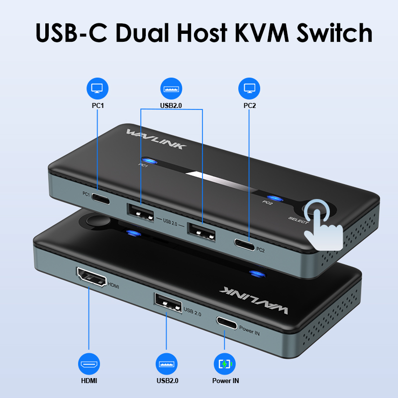 USB-C 8K HDMI KVM Switch 1 Monitor 2 Computers, 8K@60Hz/4K@144Hz KVM Switch for 2 Computers Sharing Monitor Keyboard Mouse Printer, with EDID Adaptive, 3 USB 2.0 Ports, for Windows/macOS 2