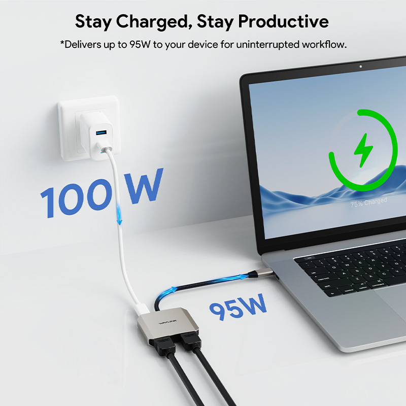WAVLINK USB-C to Dual 4K HDMI Adapter with 95W PD Passthrough 3
