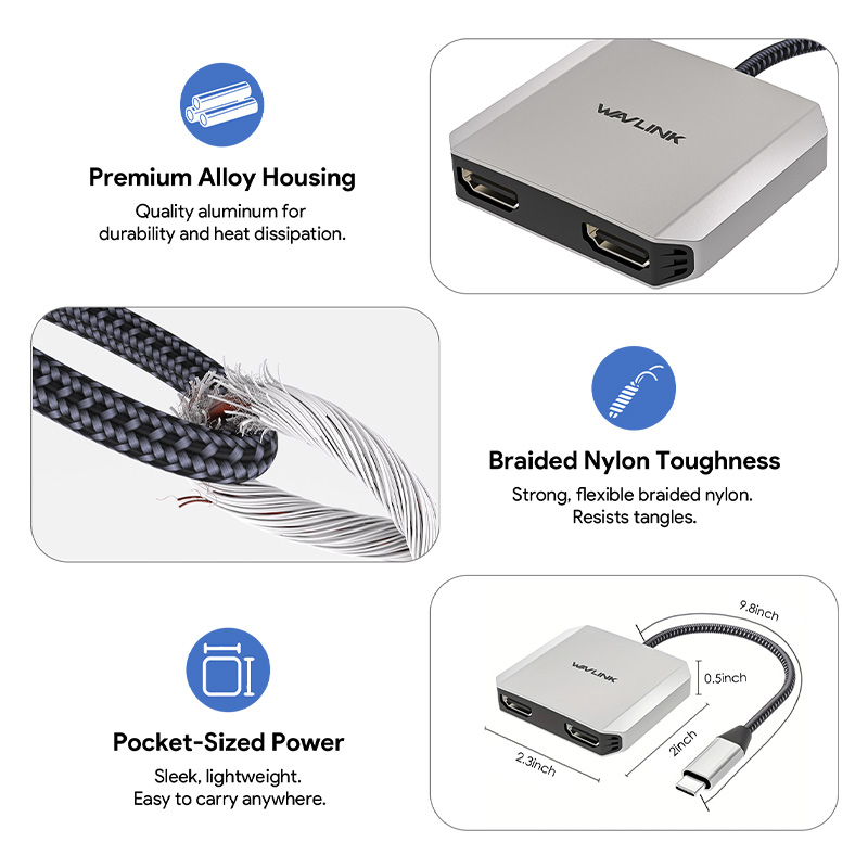 WAVLINK USB-C to Dual 4K HDMI Adapter with 95W PD Passthrough 4