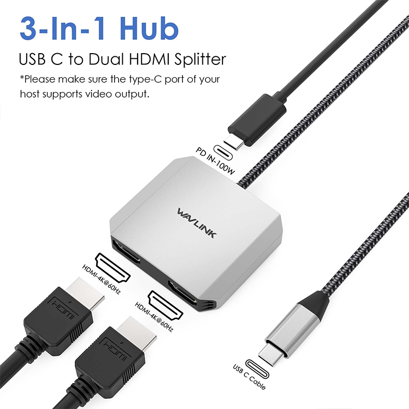 WAVLINK USB-C to Dual 4K HDMI Splitter, 3-In-1 HDMI Adapter with 95W Power Delivery 2