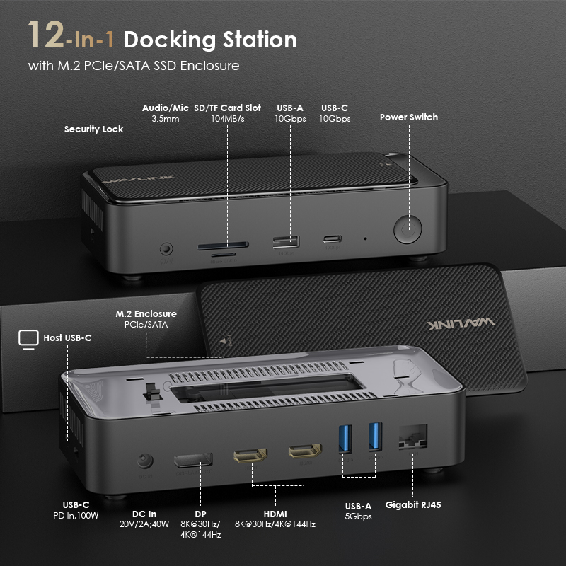 WAVLINK 12-IN-1 USB-C 8K Display Docking Station, Support 100W Charging, 10G with M.2 NVMe SSD Enclosure, 2500Mbps RJ45 Ethernet, Audio Jack for Windows & Mac OS 2