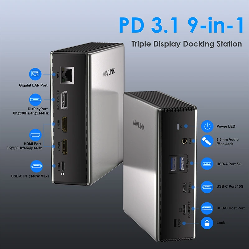 WL-UMD27-Pro: 9-in-1 Triple Display Docking Station with PD 3.1 Charging 2