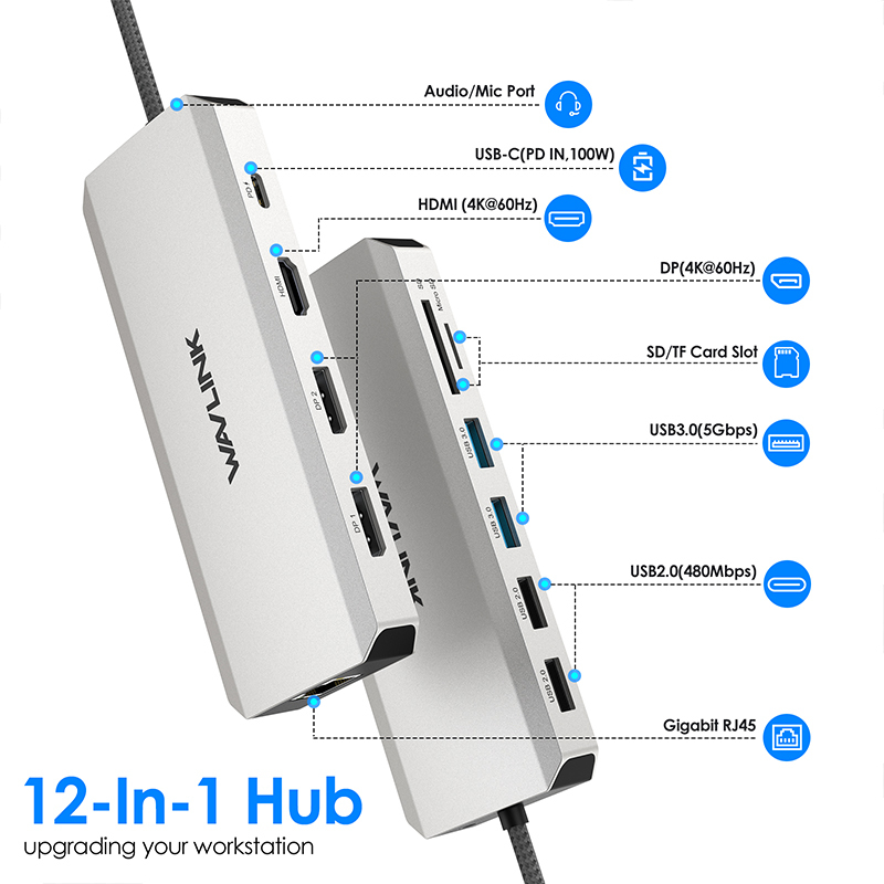 USB-C Triple Monitor Docking Station | 4K DisplayPort *2, 4K HDMI, 100W PD In, 5Gbps USB 3.0, Ethernet, SD/TF & Audio 2