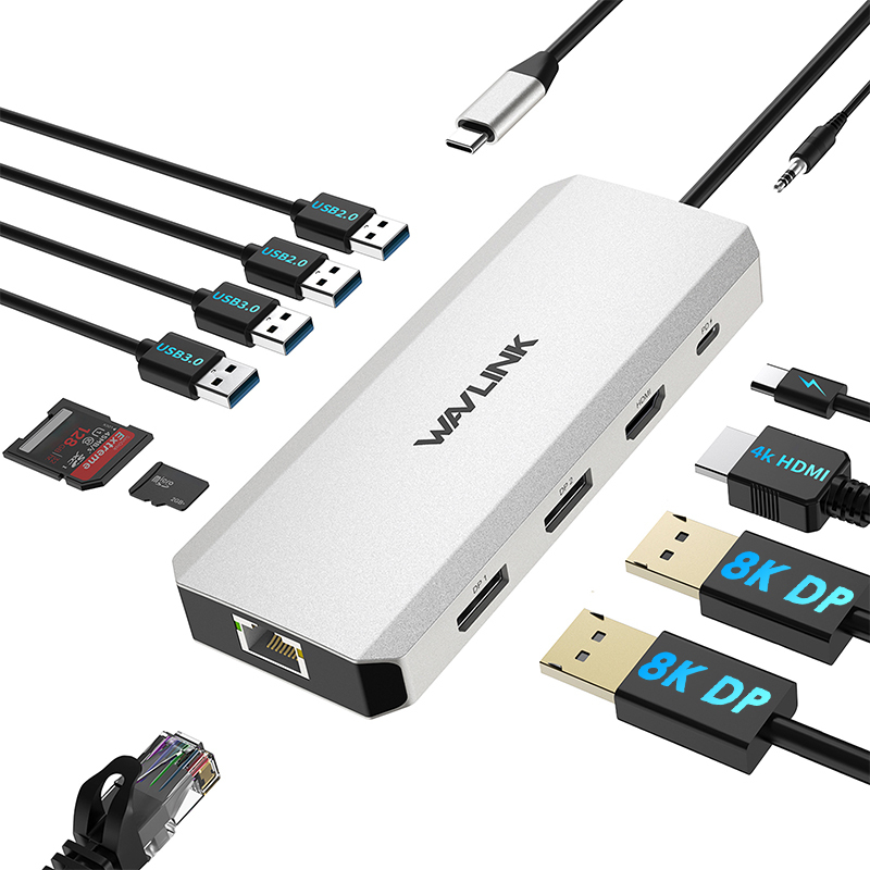 USB-C Triple Monitor Docking Station | 8K DisplayPort *2, 4K HDMI, 100W PD In, 5Gbps USB 3.0, Ethernet, SD/TF & Audio