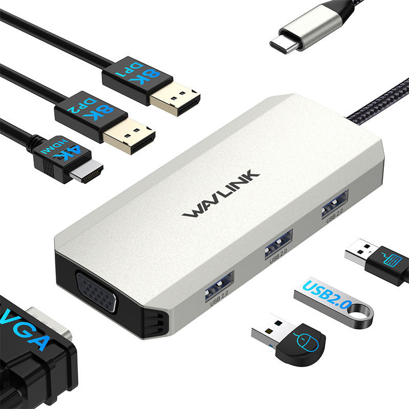 WAVLINK USB-C Docking Station Quadruple Monitor, 8K Single Display & Triple 4K@60Hz Output, Laptop Dock with 2&times;DP, HDMI, VGA, 95W Passthrough Charging, for Dell XPS/HP/Lenovo/Mac