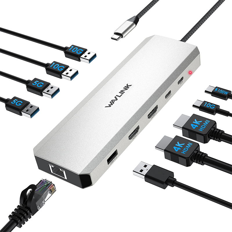 WAVLINK Dual 4K@60Hz Display Hub, 10-in-1 USB-C 10Gbps Laptop Docking Station, Multiport Adapter with Dual 4K HDMI, 85W PD IN for Laptop, 10Gbps USB-A/C 3.2, 5Gbps USB-A, USB 2.0, Gigabit Ethernet, for Mac/Dell/HP/Lenovo