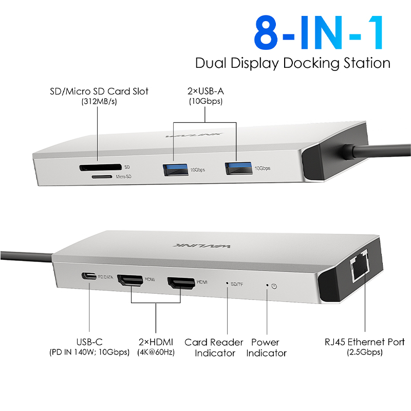 WAVLINK Dual 4K USB-C Dock with 125W PD, 2.5G Ethernet, High-Speed USB and SD/Micro SD 2