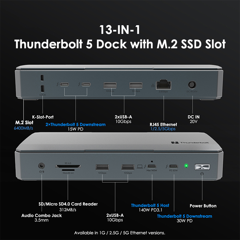 WAVLINK 13-in-1 Thunderbolt 5 Dock: up to 120Gbps, 140W PD 3.1, 6400MB/s M.2 SSD Slot 2