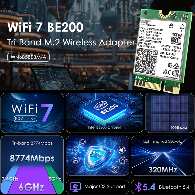 WAVLINK Wi-Fi 7 BE8800 Tri-Band M.2 Module With Bluetooth 5.4, WPA2/WAP3/WPA4, WPA2-PSK Encryption, MU-MIMO, OFDMA, Multi-RU, MLO 2