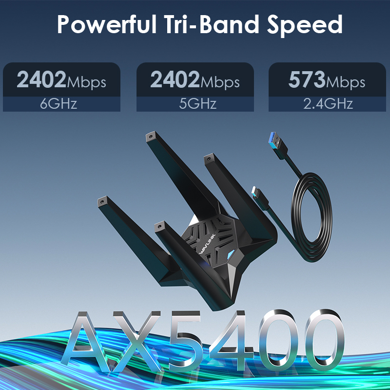 WAVLINK USB 3.0 WiFi 6E Triple-Band AX5400 Wireless Adapter (2.4G/5G/6G, 573+2402+2402 Mbps) with Built-in Driver, WPA3, MU-MIMO, OFDMA, 4x3dBi Antennas, Magnetic Base & 1m Cable - Windows 11/10 Only 2