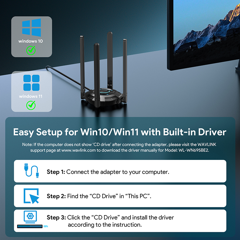WAVLINK WiFi 7 BE6500 Tri-Band USB 3.0 Wireless Network Adapter (2.4G/5G/6G, 688+2882+2882 Mbps), with Built-in Driver, WPA3, MLO & Multi-RU, 5dBi High Gain Antennas - Windows 11/10 Only 3