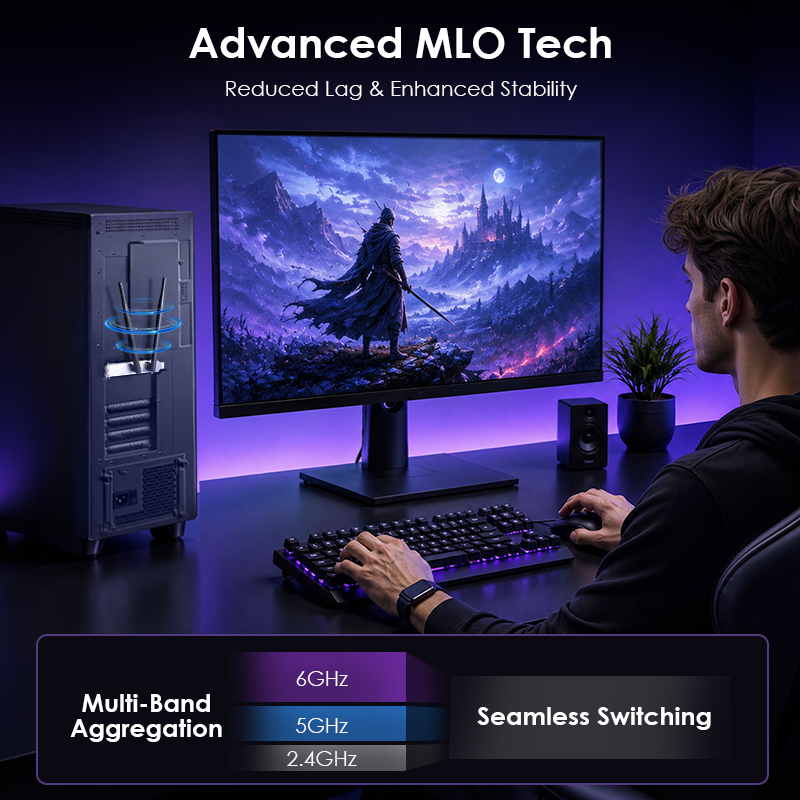 Tri-Band 6500Mbps WiFi 7 PCIe Adapter with Bluetooth 5.4, BE6500 Desktop Wireless Card Supporting MLO, Equipped with 2x5dBi Antennas & Heatsink, MU-MIMO/OFDMA/WPA3, Includes Low Profile Bracket (Windows 11) 5