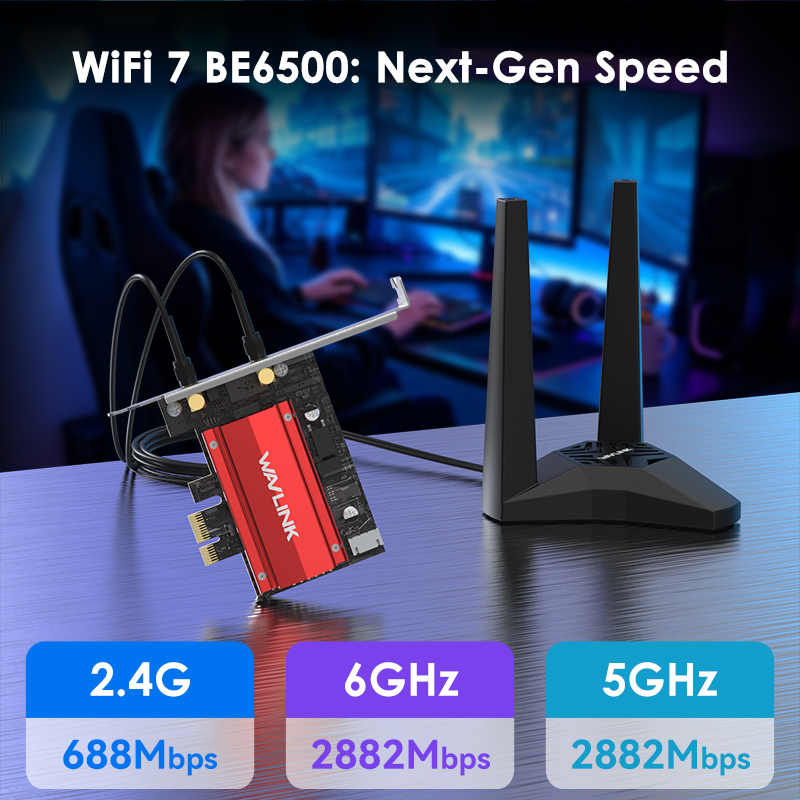 BE6500 WiFi 7 PCIe Network Card, Tri-Band 6500Mbps Wireless Adapter with Bluetooth 5.4, Heatsink & External Antennas, Supports MU-MIMO, OFDMA, WPA3, Low Profile Bracket Included, Windows 11 Only 2