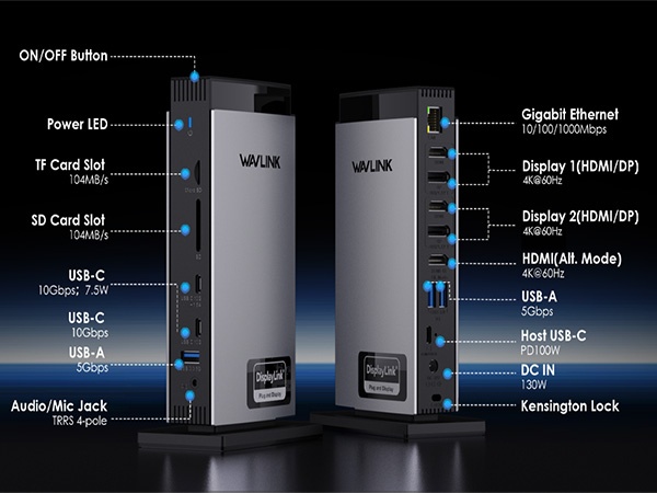WAVLINK 13-in-1 USB C Docking Station With 130W Adapter - Triple Display Dual HDMI & DisplayPort