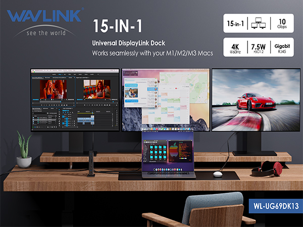 WAVLINK Universal DisplayLink Docking Station, Triple 4K USB