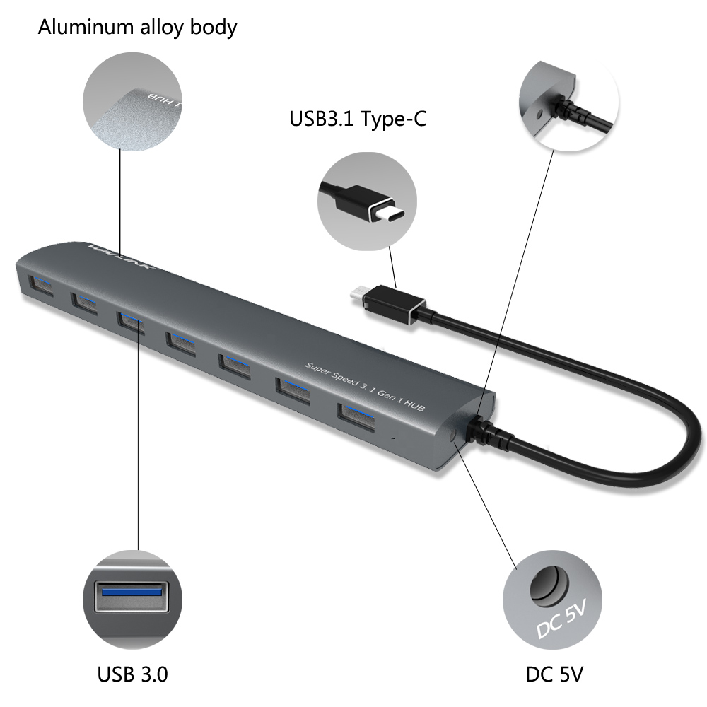 UH3074C USB-C to USB3.0 7 Port Aluminum HUB