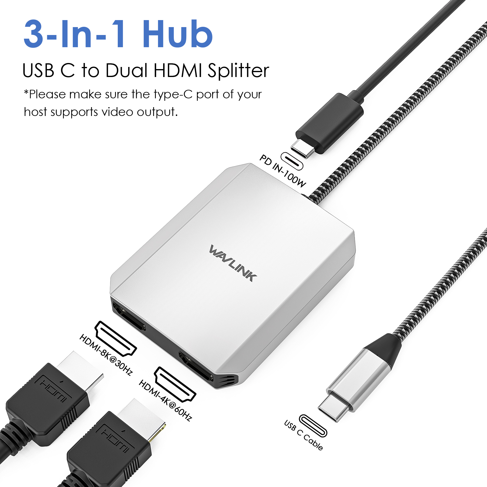 WAVLINK USB C to HDMI Dual Display Adapter, Single 8K@30Hz/4K@120Hz Dual 4K@60Hz, 3-In-1 HDMI Adapter with 95W Power Delivery for MacBook Pro/Air, Dell XPS, HP, Lenovo, Thunderbolt 3/4 Laptops 5