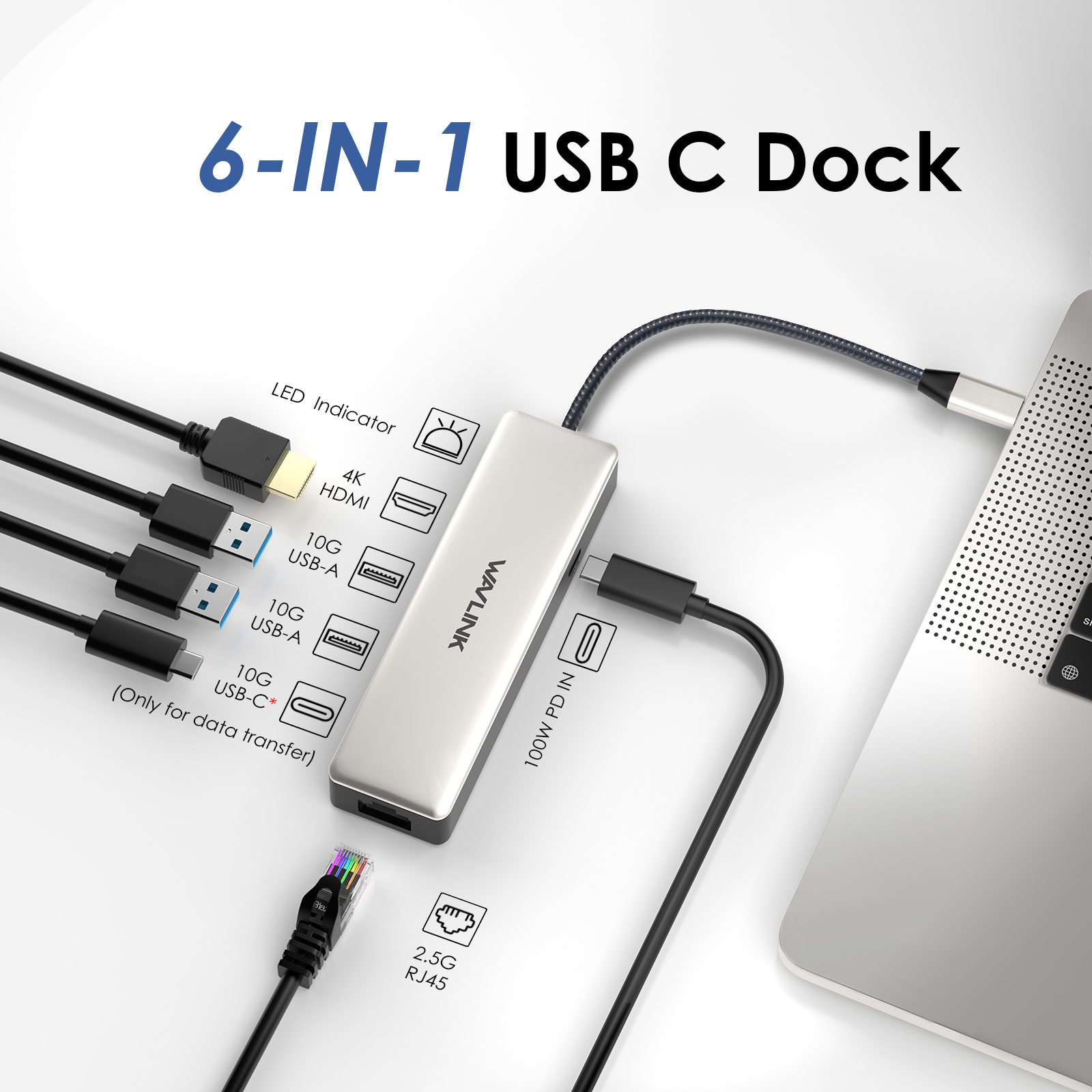 WAVLINK 6-IN-1 USB C Dock, USB C to HDMI Docking Station with 2x10Gbps USB3.1-A, 10Gbps USB3.1-C, 4K HDMI, 100W PD IN, 2.5G RJ45, Suitable for MacBook Pro/Air, iPad, Dell, HP, Lenovo, Asus, Acer 4